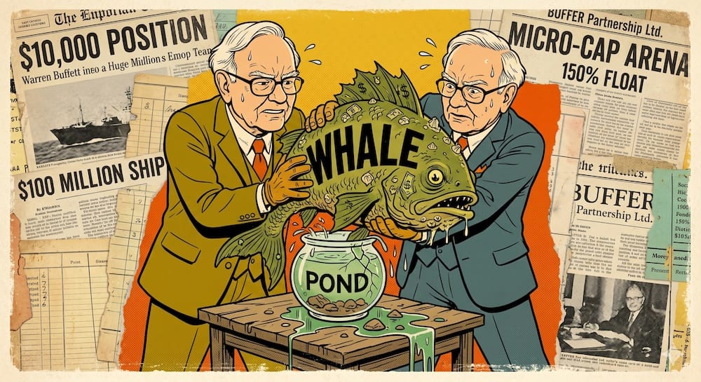 Two Warren Buffett caricatures sweating while struggling to fit a massive fish labeled 'WHALE' back into a tiny glass fishbowl labeled 'POND'. Background features vintage ledger fragments and headlines reading 'MICRO-CAP ARENA' and '150% FLOAT'.