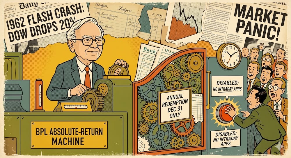 The BPL Structural Fortress: How Redemption Gates and Zero Fees Insulated Buffett's Early Record from Client Panic. Warren Buffett calmly operating a 'BPL ABSOLUTE-RETURN MACHINE' while a mechanical 'redemption-gate' prevents panicking investors, holding a disabled 'panic button', from withdrawing capital during the 1962 market crash, as shown on fragmented newspaper headlines in the background.