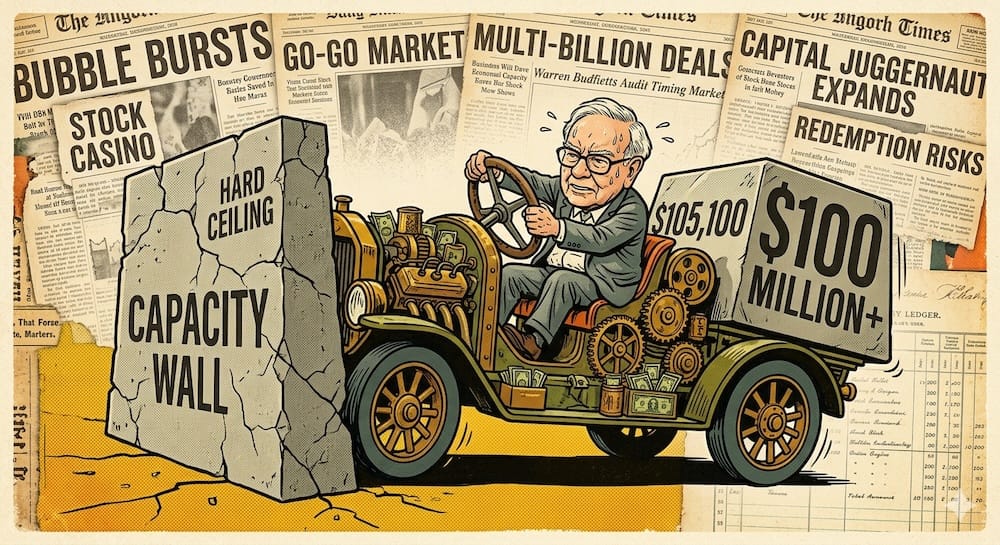 Warren Buffett sweating as he drives a 1930s-style delivery truck labeled '$105,100' turning into '$100 MILLION+'. The truck’s exposed 'Deep Value Engine' of gears and net-net engines slams into a concrete block labeled 'CAPACITY WALL' and 'HARD CEILING'. Embedded headlines read 'BUBBLE BURSTS', 'STOCK CASINO', and 'GO-GO MARKET'.