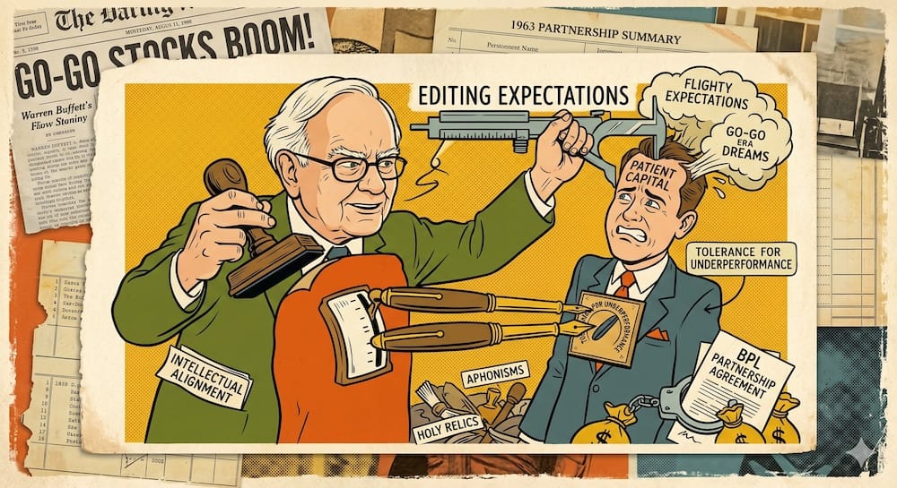Cartas de la sociedad de Warren Buffett: Sistema de comunicación y base de capital paciente. Warren Buffett modificando las expectativas de un inversor esposado usando calibradores gigantes y un sello de Hurdle en una fábrica de alfa.