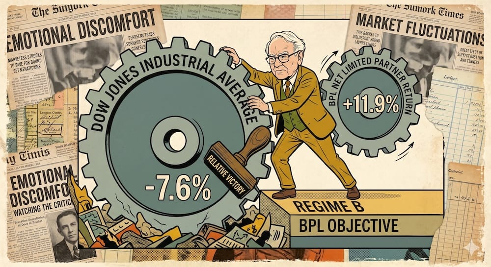 Benchmark y rendimiento relativo frente al Dow Jones en las cartas de Buffett. Warren Buffett ajustando engranajes donde el índice BPL sube y el Dow Jones cae, mostrando retornos relativos.
