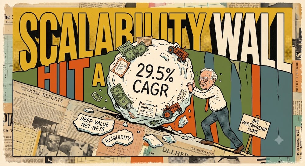 Warren Buffett Asset Allocation Constraints: The Scalability Wall And Reinvestment Frictions Of Micro Cap Deep Value Net Nets Warren Buffett pushing a giant, melting snowball labeled 29.5% CAGR up a steep hill toward a giant text block reading Scalability Wall, surrounded by signs for deep-value net-nets and old BPL ledger pieces.
