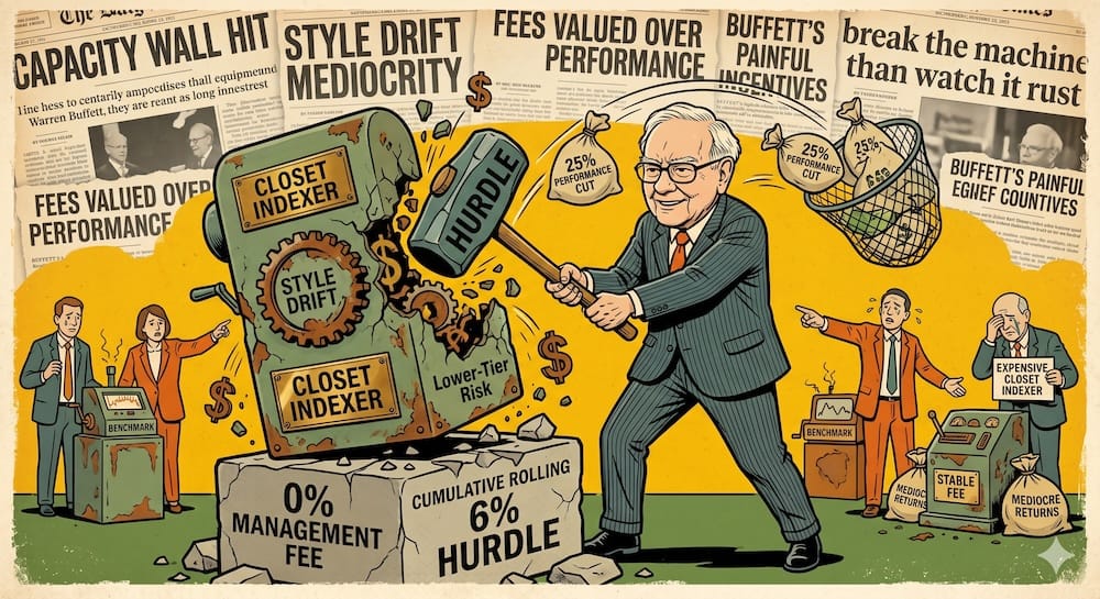 Warren Buffett smashing a rusty 'CLOSET INDEXER' machine with a large mallet labeled 'HURDLE'. The machine rests on a stone base inscribed with '0% MANAGEMENT FEE' and 'CUMULATIVE ROLLING 6% HURDLE'
