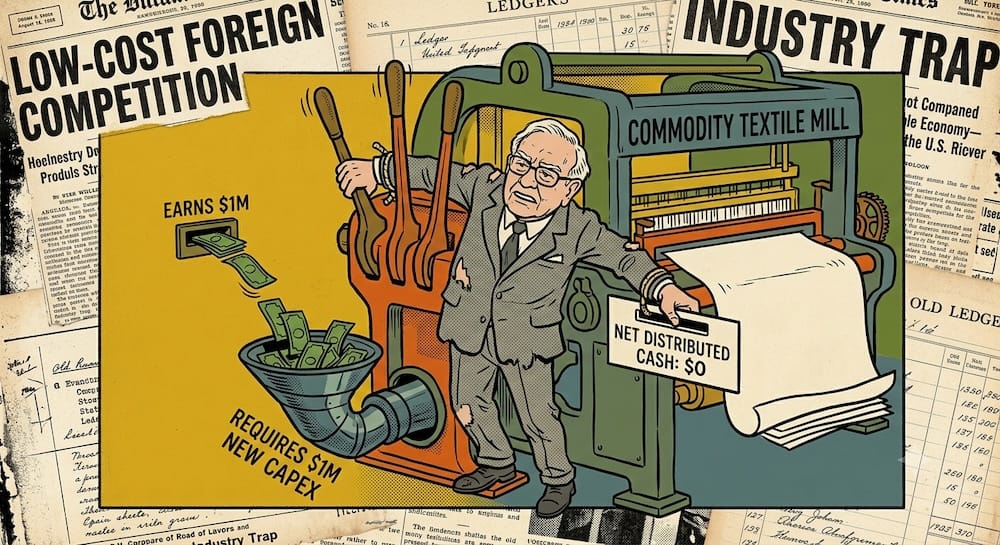 Warren Buffett Trapped in Berkshire's Original Textile Mill: The Ultimate Capex Trap Metaphor Warren Buffett trapped by a green textile mill machine. Cash flows from 'EARNS $1M' directly into a funnel labeled 'REQUIRES $1M NEW CAPEX'. Buffett holds a 'NET DISTRIBUTED CASH: $0' sign against a background of vintage newspaper headlines 'LOW-COST FOREIGN COMPETITION' and 'INDUSTRY TRAP'.