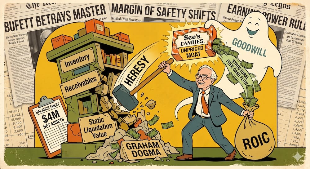 Warren Buffett joyfully smashing a balance sheet labeled Static Liquidation Value with a sledgehammer labeled HERESY, releasing a giant ghost labeled GOODWILL and grabbing a See's Candies box marked UNPRICED MOAT, as cash labeled STRUCTURAL FREE CASH FLOW flows to him.