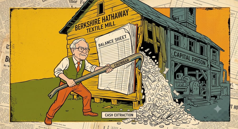 Warren Buffett Before Munger: Quantitative Cash Extraction From The Berkshire Hathaway Textile Mill Capital Prison Asset Trap Young Warren Buffett using a large crowbar to pry open a decaying Berkshire Hathaway textile mill labeled Capital Prison. Cash pours out over a vintage collage background of old financial newspaper ledger clippings.