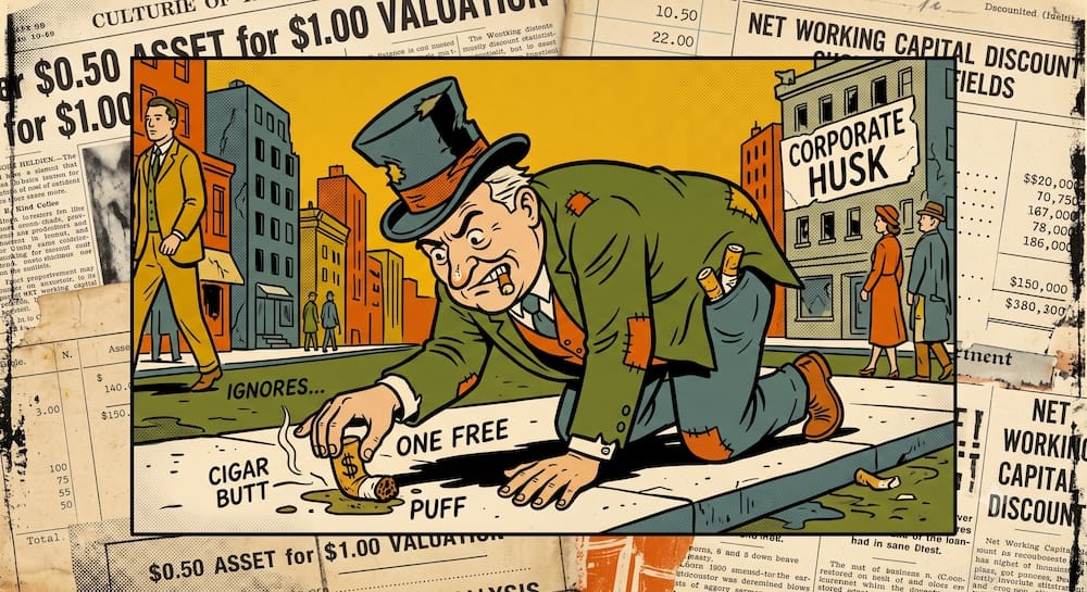 A caricatured investor in a patched top hat and suit crawls on a grimy city sidewalk to pick up a soggy, discarded 'CIGAR BUTT' near a crumbling 'CORPORATE HUSK' building. He is intensely focused on lighting it for 'ONE FREE PUFF' as other citizens ignore him.