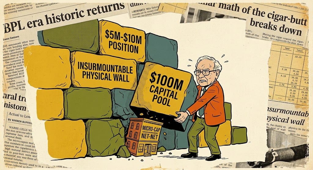 Stressed caricature Warren Buffett pushes a giant block labeled '$100M CAPITAL POOL' to complete a stone wall, crushing a tiny 'MICRO-CAP NET-NET' building. Blocks are labeled '$5M-$10M POSITION' and 'INSURMOUNTABLE PHYSICAL WALL'. Atmospheric background of high-contrast vintage newspaper clippings and ledgers with distressed edges, including '$100 MILLION ASSET BASE' and 'SCALE IS THE ENEMY.'