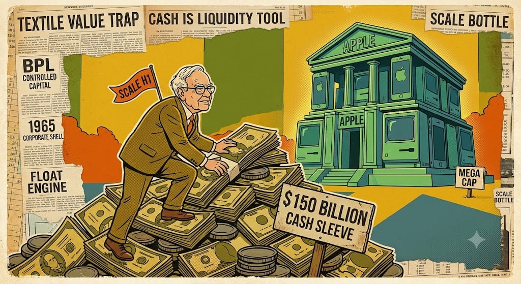 Warren Buffett escalando una montaña de dólares marcada como reserva de caja de 150 mil millones de dólares con el fondo de un castillo de Apple