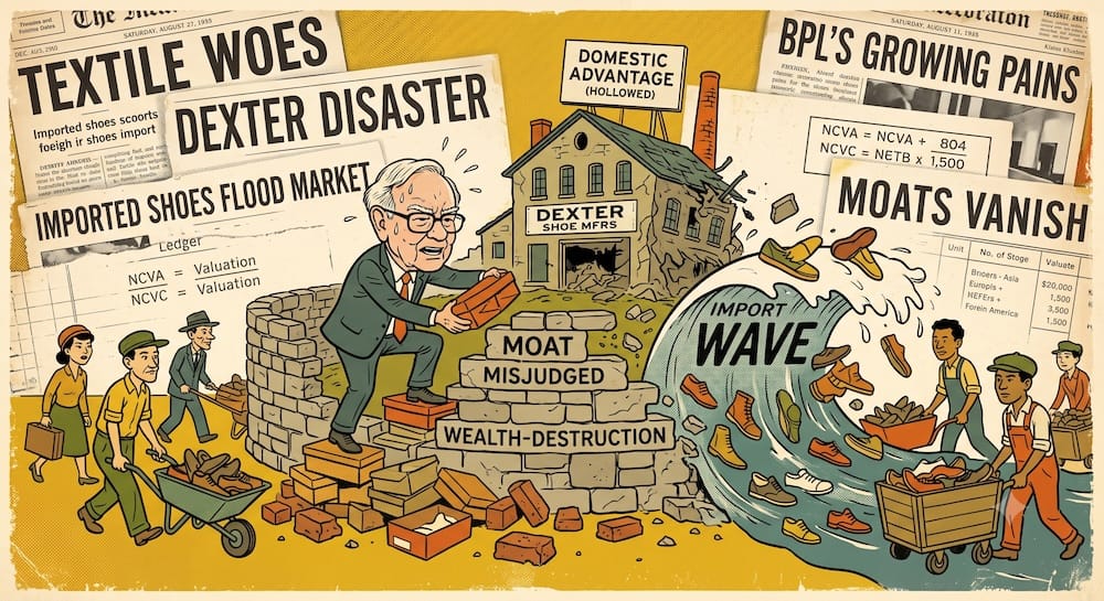 A sweating Warren Buffett caricature stands on a pile of shoe boxes and bricks, frantically trying to build a stone 'MOAT' around a dilapidated factory labeled 'DEXTER SHOE MFRS'. His imaginary, illusory moat is being instantly washed away into thin air by a massive, literal 'WAVE' of cheap, foreign shoe imports labeled 'IMPORT WAVE'.