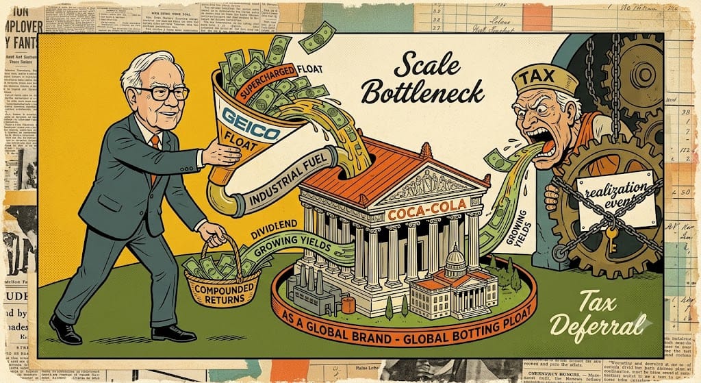 Warren Buffett derivando efectivo desde un embudo de GEICO marcado como combustible industrial hacia un templo con un foso de marca de Coca-Cola