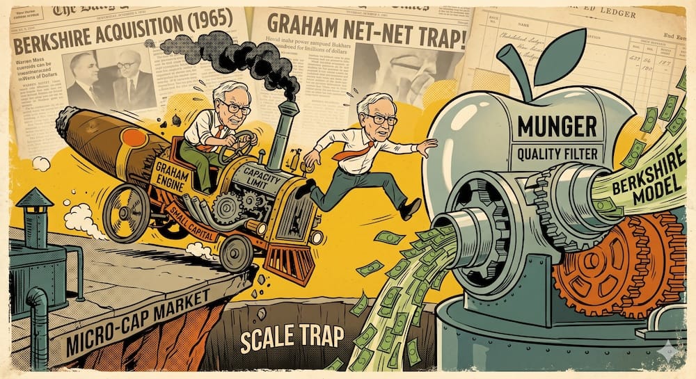 Kicking Over the Shrine: A Visual Audit of Early Buffett’s Mandatory Strategic Adaptation. Warren Buffett as a special-situations operator. He is actively leaping from a small, failing 'GRAHAM ENGINE' industrial contraption towards a massive, powerful compounding machine labeled 'MUNGER QUALITY FILTER,' visualized as a large Apple.