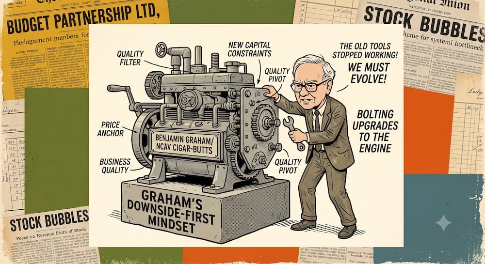 Warren Buffett modifying an engine labeled "BENJAMIN GRAHAM / NCAV CIGAR-BUTTS" with a wrench. The machine is bolted to a base labeled "GRAHAM'S DOWNSIDE-FIRST MINDSET". Labels indicate "QUALITY FILTER", "QUALITY PIVOT", and "NEW CAPITAL CONSTRAINTS".