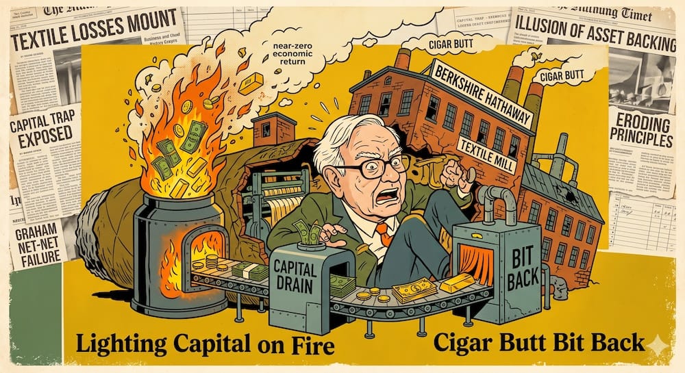 A monstrous Berkshire Hathaway textile mill, labeled as a 'Cigar Butt', physically biting and consuming a panicked Warren Buffett, while actively incinerating shareholder capital in a glowing furnace inside the capital trap.