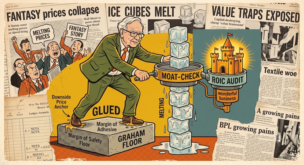 Warren Buffett as a focused caricature, his feet 'GLUED' to a concrete Graham Margin of Safety Floor foundation. He uses a handheld MOAT-CHECK quality filter to sift durable high ROIC assets (a cast-iron castle) from collapsing melting ice cubes (traps).