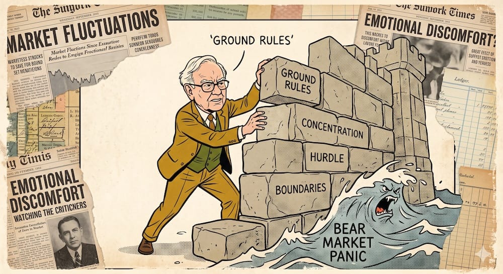 Reglas fundamentales de Warren Buffett: Límites semánticos claros para la gestión de riesgos en la cartera. Warren Buffett construyendo una fortaleza de piedra con las reglas fundamentales para frenar el pánico del mercado bajista.