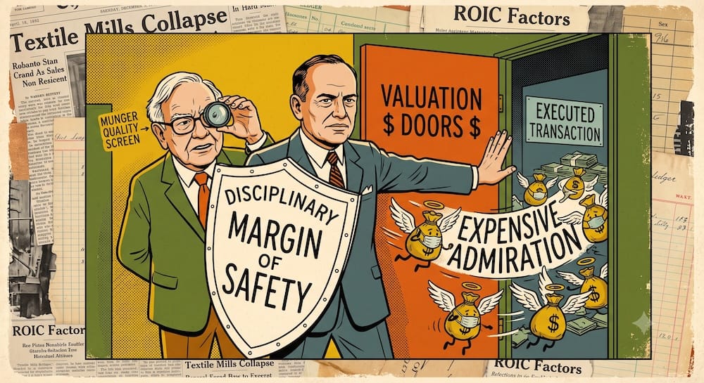 Ben Graham Guarding the Portfolio Door Against Expensive Admiration: Warren Buffett Munger Shift Optimization Mechanism Illustration Ben Graham, blocking a rush of winged money bags marked 'EXPENSIVE ADMIRATION' with a large 'MARGIN OF SAFETY' shield, preventing them from entering the 'EXECUTED TRANSACTION' vault. Warren Buffett observes from behind with a smaller 'MUNGER QUALITY SCREEN' lens.