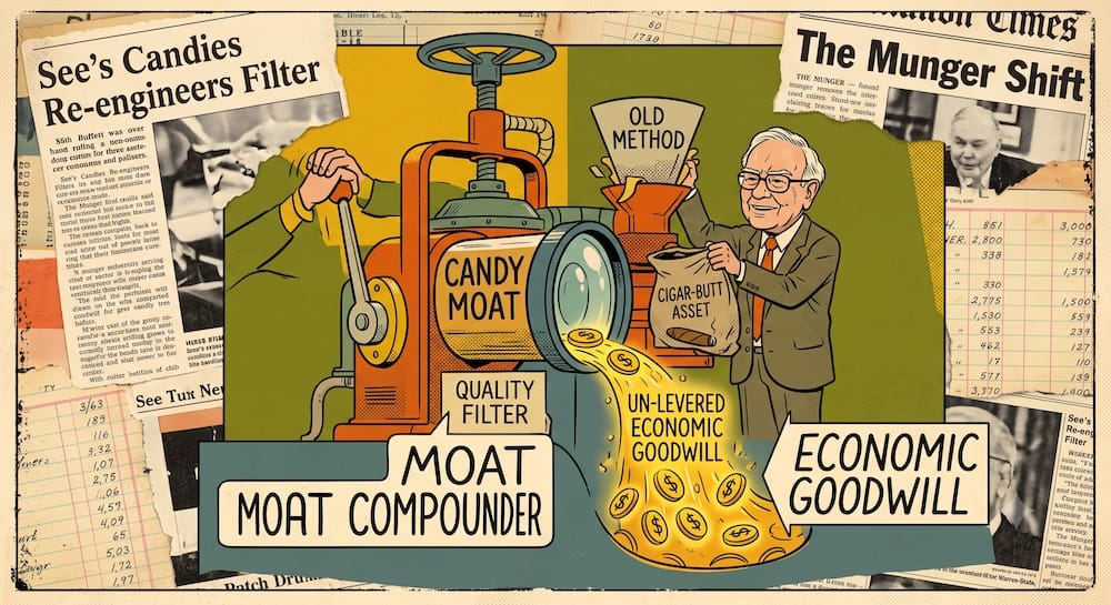 Warren Buffett's Munger Shift Reengineering the Capital Allocation Filter Warren Buffett operating a complex 'QUALITY FILTER' candy moat machine, transforming a 'CIGAR-BUTT ASSET' into flowing golden dollars marked 'UN-LEVERed ECONOMIC GOODWILL'. A hand-lettered banner reads 'ECONOMIC GOODWILL'
