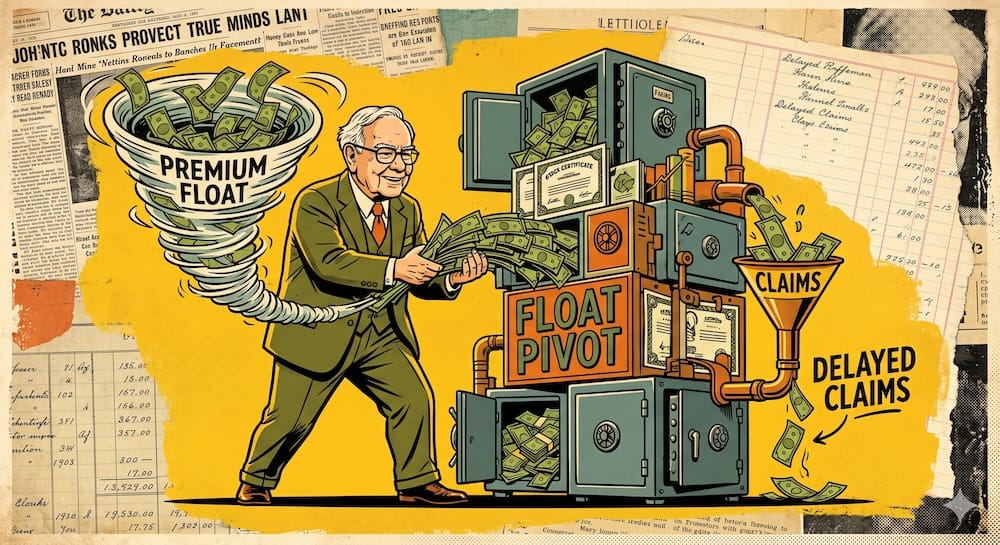 Ilustración de Warren Buffett sonriendo y desviando un torbellino de efectivo hacia un complejo industrial financiero