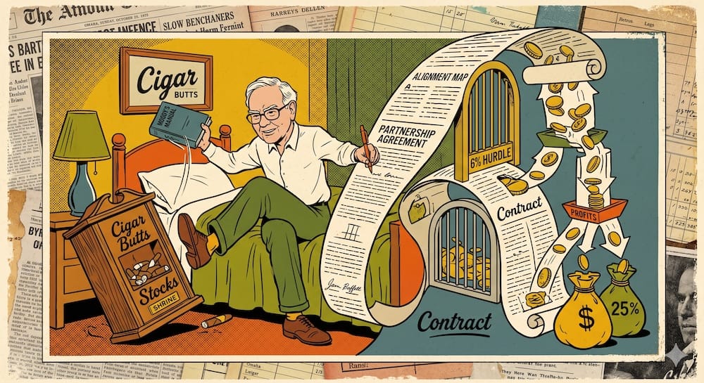 Warren Buffett in bedroom kicking 'Cigar Butt Stocks Shrine,' throwing 'Moody's Manual,' while scroll transforms into machine showing '6% HURDLE' gate and profits filtering to '25%' bag.