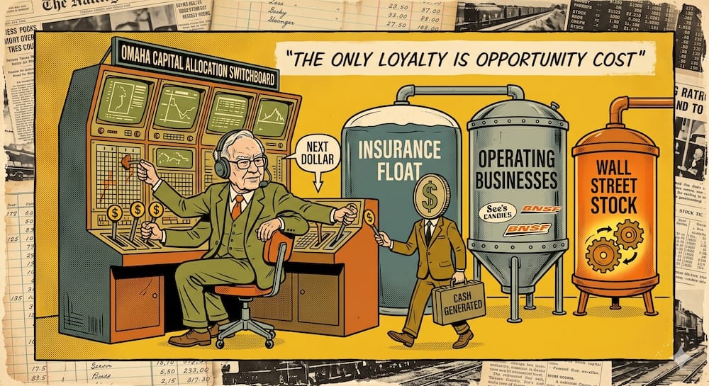 Warren Buffett caricatured as a multi-armed operator directing 'CASH GENERATED' between 'INSURANCE FLOAT', 'OPERATING BUSINESSES' (See's Candies, BNSF), and 'WALL STREET STOCK' tanks at a vintage switchboard.