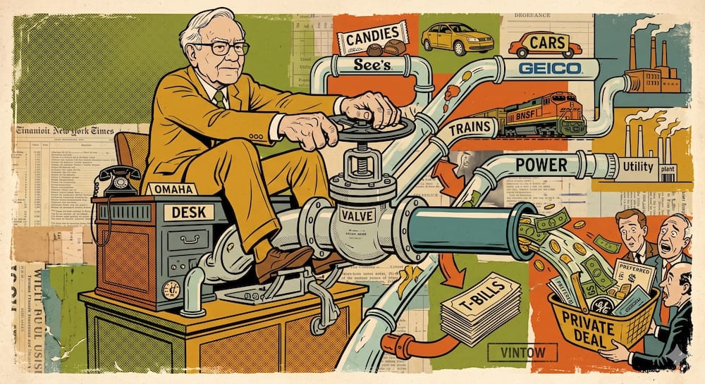 Warren Buffett caricature at a large systemic valve, perched above an industrial landscape of connected pipelines representing disparate industries. He controls the flow, redirecting cash from utilities and manufacturing into high-yield preferred shares for GS and GE during the Global Financial Crisis, as indicated by vintage newspaper headlines in the background.