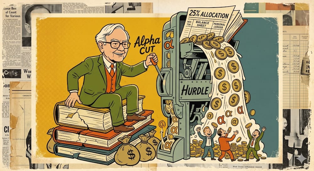 Warren Buffett operating a mechanical wealth multiplier. Coins and alpha symbols flow from happy partners below into his balance sheet after clearing a hurdle. The machine is labeled 'Alpha Cut' and 'Hurdle'.