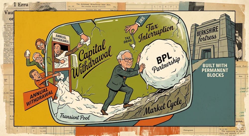 Warren Buffett intentando sostener una bola de nieve fisurada de la sociedad BPL mientras manos pequeñas retiran pedazos de capital etiquetados como Retiro de Capital y un gancho llamado Interrupción Impositiva daña la nieve. Este panel ilustra la naturaleza transitoria de los fondos de capital en sociedades y el riesgo de liquidación durante grandes caídas del mercado.
