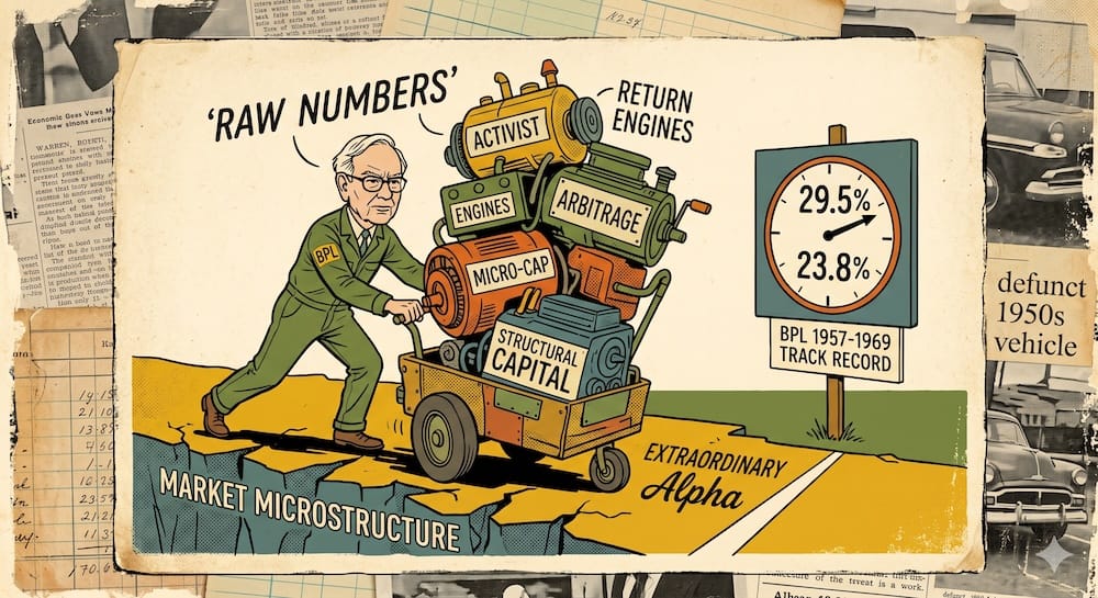 Warren Buffett as a 1950s mechanic pushing a cart of labeled 'Return Engines' (ACTIVIST, ARBITRAGE, MICRO-CAP, STRUCTURAL CAPITAL) over a cracked 'MARKET MICROSTRUCTURE' towards a clock displaying historical BPL CAGR metrics of 29.5% and 23.8%