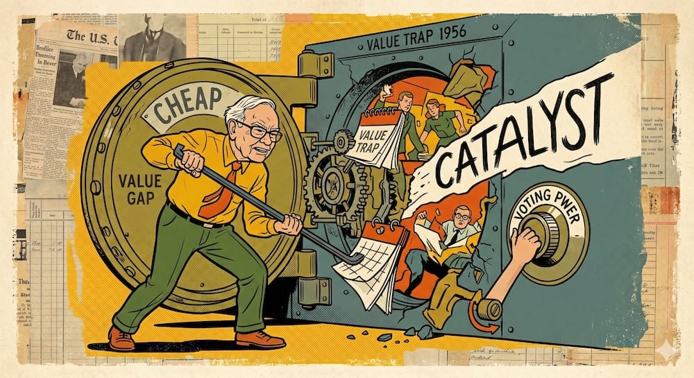 Warren Buffett Primeros Rendimientos de BPL Atribución Factor Catalizador Reestructuración Corporativa Un joven Warren Buffett abriendo activamente la puerta de una caja fuerte gigante con la inscripción 'CHEAP' usando palancas pesadas rotuladas 'CONTROL' y 'VOTING PWR'. La palabra 'CATALYST' brota con fuerza desde la apertura.