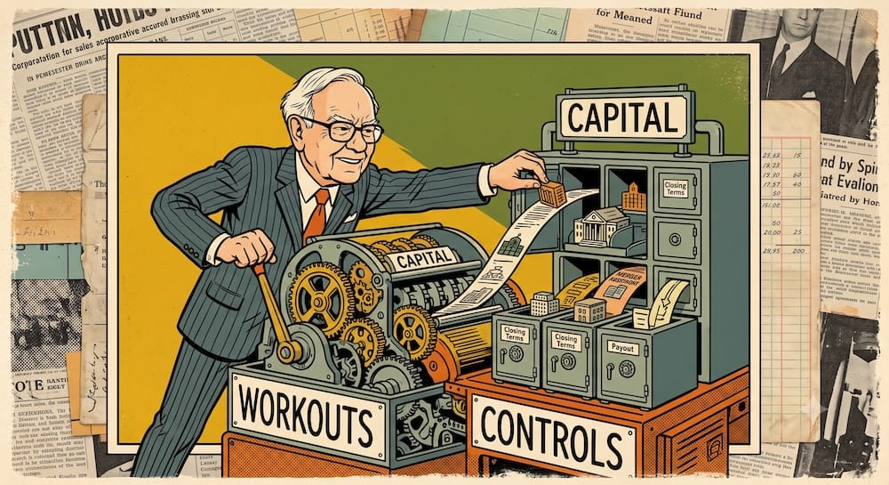 Early Warren Buffett Partnership BPL Capital Allocation Mechanics Workouts Arbitrage and Controls Margin of Safety Diagram Warren Buffett operating a large mechanical sorting engine labeled CAPITAL. He distributes assets into designated slots marked WORKOUTS and CONTROLS