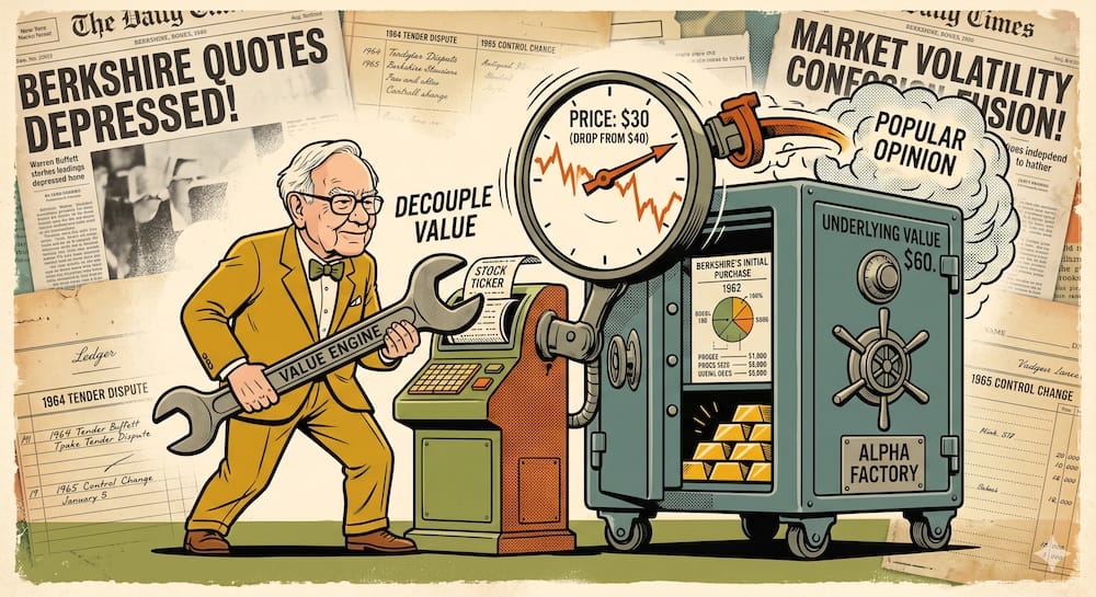 Desacoplando precio de valor: El escudo psicológico en las cartas de Buffett. Warren Buffett usando una llave para desacoplar el precio de cotización del valor intrínseco de sesenta dólares.