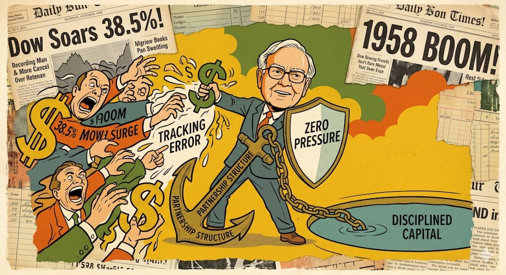 Warren Buffett holding firm to a large anchor labeled 'Partnership Structure' while fending off a storm of greed and dollar signs marked '1958 Momentum'. Embedded text reads 'Zero Pressure' and 'Tracking Error'. Background shows faded newspaper headlines like 'Dow Soars 38.5%'.