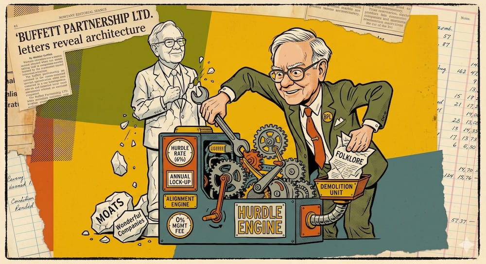 Warren Buffett Partnership Years: Tearing Down the Mythology to Reveal the Asset Stripping and Control Architecture Operating System. Warren Buffett as an engineer in a green suit with a 'BPL' pin, using a wrench on a 'Hurdle Engine' machine. The machine’s gauges show 'HURDLE RATE (6%)' and '0% MGMT FEE'. Next to him, a cracking marble statue of an older Buffett is crumbling into pieces labeled 'MOATS' and 'Wonderful Companies'. A headline above reads, 'BUFFETT PARTNERSHIP LTD. letters reveal architecture'. Buffett is pulling a crumpled newspaper marked 'FOLKLORE' toward a 'Demolition Unit' attached to the machine