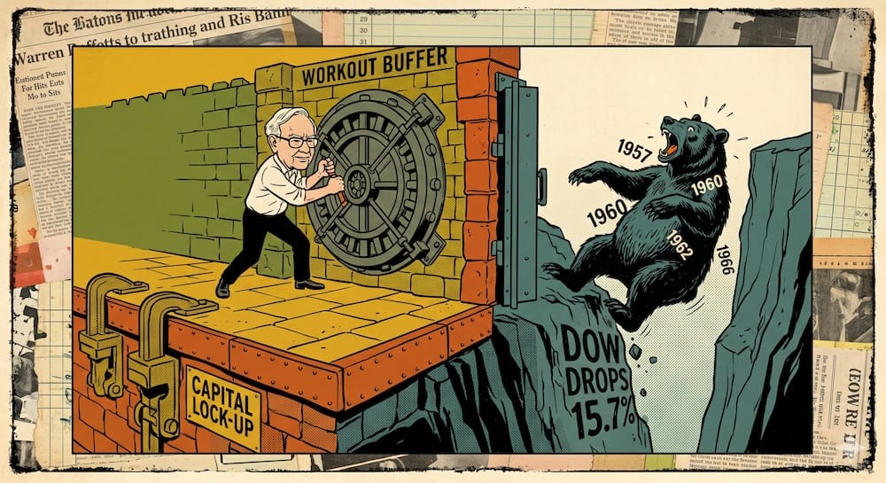 Buffett Partnership Architecture: The Workout Buffer and Capital Lock-Up Mechanisms Driving Historical Relative Outperformance. A young Warren Buffett standing firmly behind a thick stone fortress wall labeled 'WORKOUT BUFFER'. He cranks a massive iron vault wheel to seal a heavy steel door against a roaring, dark teal market bear that is slipping down a steep cliff marked 'DOW DROPS'