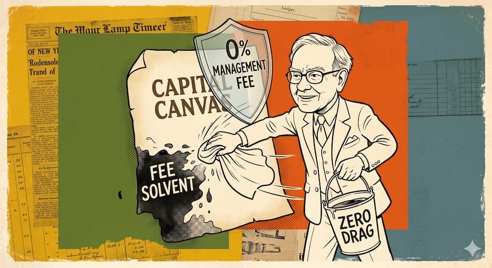 Warren Buffett as a caricature scrubbing a large canvas labeled 'ZERO DRAG' with a cloth labeled '0% MANAGEMENT FEE' to remove dark, eroding liquid labeled 'FEE SOLVENT'.