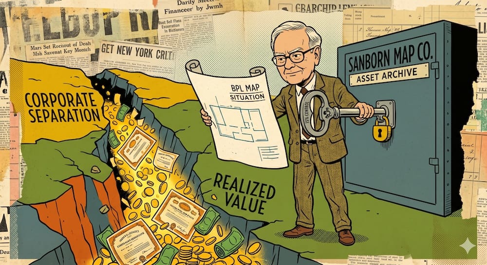 Sanborn Map Activism: Warren Buffett Using 35% Control to Unlock Trapped Asset Portfolio Value. a young Warren Buffett holding a 'BPL MAP SITUATION' blueprint. He inserts a giant key marked '35% CONTROL' into a 'SANBORN MAP CO. ASSET ARCHIVE' safe. Cash and stock certificates spill out of a cliffside labeled 'CORPORATE SEPARATION' and 'REALIZED VALUE'