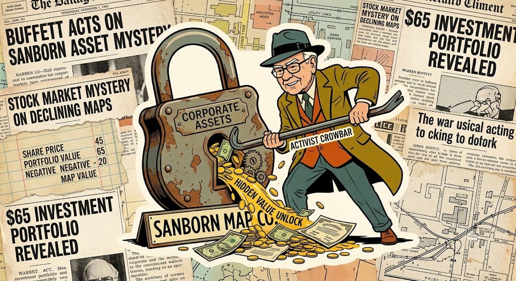 Warren Buffett prying open a rusty 'CORPORATE ASSETS' padlock labeled 'SANBORN MAP CO.' with a large metal crowbar, unleashing a torrent of gold coins and dollar bills. Embedded labels read 'HIDDEN VALUE UNLOCK' and 'ACTIVIST CROWBAR'. The background is a vintage collage of faded newspaper clippings and old maps with headlines like '$65 INVESTMENT PORTFOLIO REVEALED'.