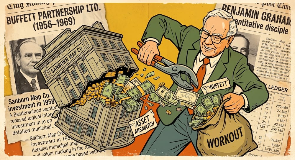 Buffett Sanborn Map Activist Value Workout Graham Net-Net Strategy Warren Buffett prying open a dilapidated Sanborn Map Co. building like a tin can. Cash and stock certificates spill out into his waiting canvas workout money bag, revealing a hidden asset mismatch.