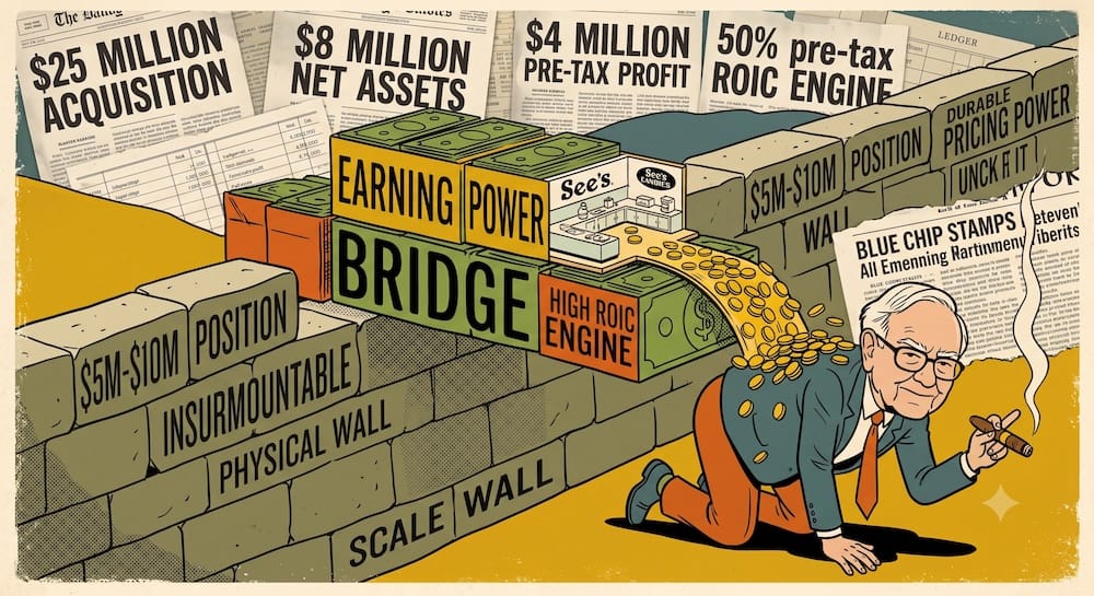 Warren Buffett struggling in front of a high stone Scale Wall from previous image. A river of gold coins flows from a hand-lettered BRIDGE made of cash boxes labeled EARNING POWER, bypassing the wall. Miniature See's Candies kitchen integrated into the bridge. Atmospheric background with high-contrast newspaper headlines "$25 MILLION ACQUISITION," "$8 MILLION NET ASSETS," "50% pre-tax ROIC ENGINE."