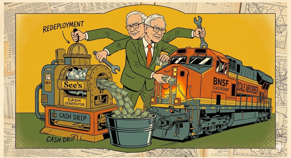 A multi-armed Warren Buffett caricature simultaneously feeding currency into a roaring BNSF locomotive-beast and operating a See’s Candies chocolate press which drips money into a bucket.