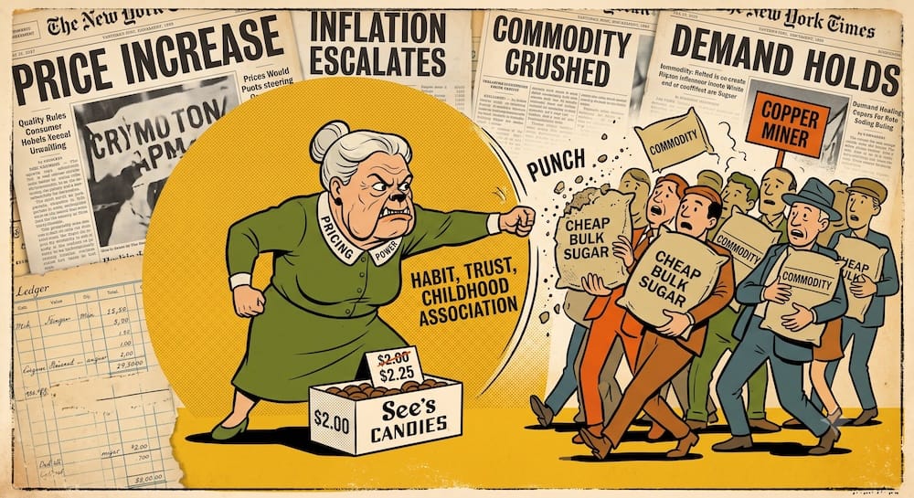 See’s Candies Pricing Power: Moat Showing Its Teeth Against Inflation and Commodity Crushing a protective woman fending off crumbling figures of unbranded commodity goods. She guards a box of See’s Candies, where the price has been raised from $2.00 to $2.25. Embedded text on her collar says "PRICING POWER," while she asserts "HABIT, TRUST, CHILDHOOD ASSOCIATION." The background is a collage of old newspaper headlines like "PRICE INCREASE," "INFLATION ESCALATES," and "DEMAND HOLDS," illustrating her insulation from price elasticity.