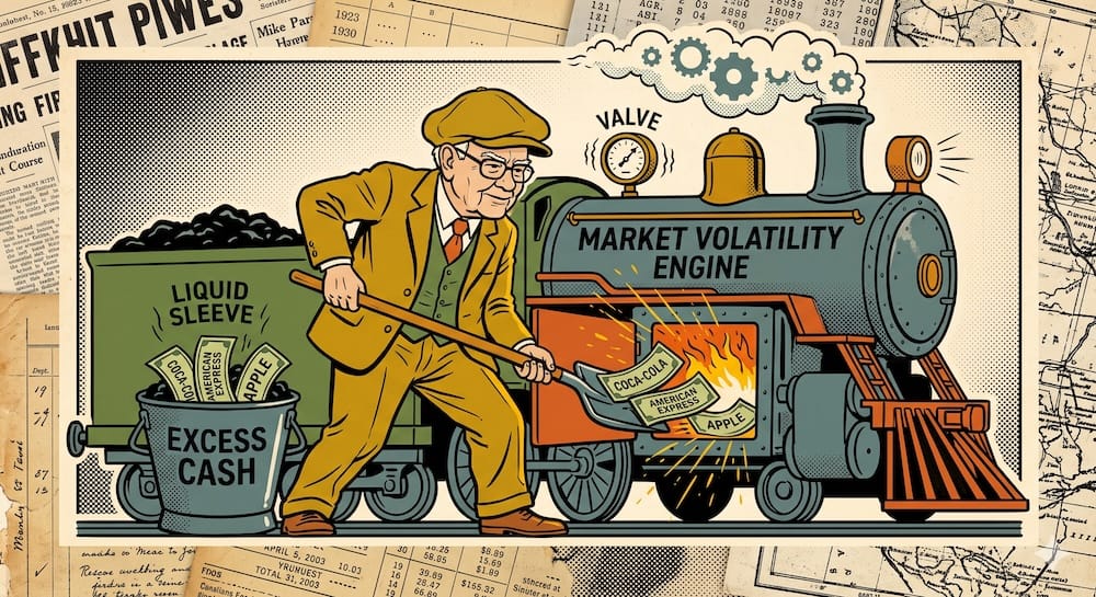 Warren Buffett as a stoker shoveling currency into a massive steam engine labeled 'MARKET VOLATILITY ENGINE'. The firebox burns bright with logos for Coca-Cola, Apple, and American Express. The 'EXCESS CASH' scuttle is marked 'LIQUID SLEEVE'.