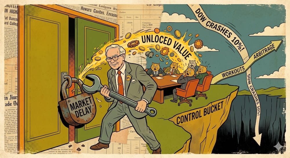 Warren Buffett's 'Three Buckets': The Architecture of Control Situations and Uncorrelated Arbitrage. Warren Buffett caricature breaking a padlock on big boardroom doors. Coins burst out. Board members cower. A crashing stock ticker tape reads 'DOW CRASHES 10%!' while a stable line says 'WORKOUTS ARBITRAGE'.