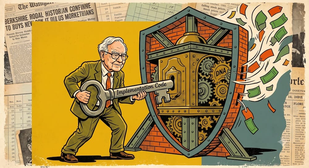 Warren Buffett Updated Benjamin Graham's Implementation Code While Keeping the Structural Margin of Safety Core Illustrated Warren Buffett caricature using a massive 'Implementation Code' key to tune an ancient machine. A 'DNA' gear turns. The machine sits inside a structural 'Defensive Armor' shell, protected from abstract 'Mr. Market' volatility.