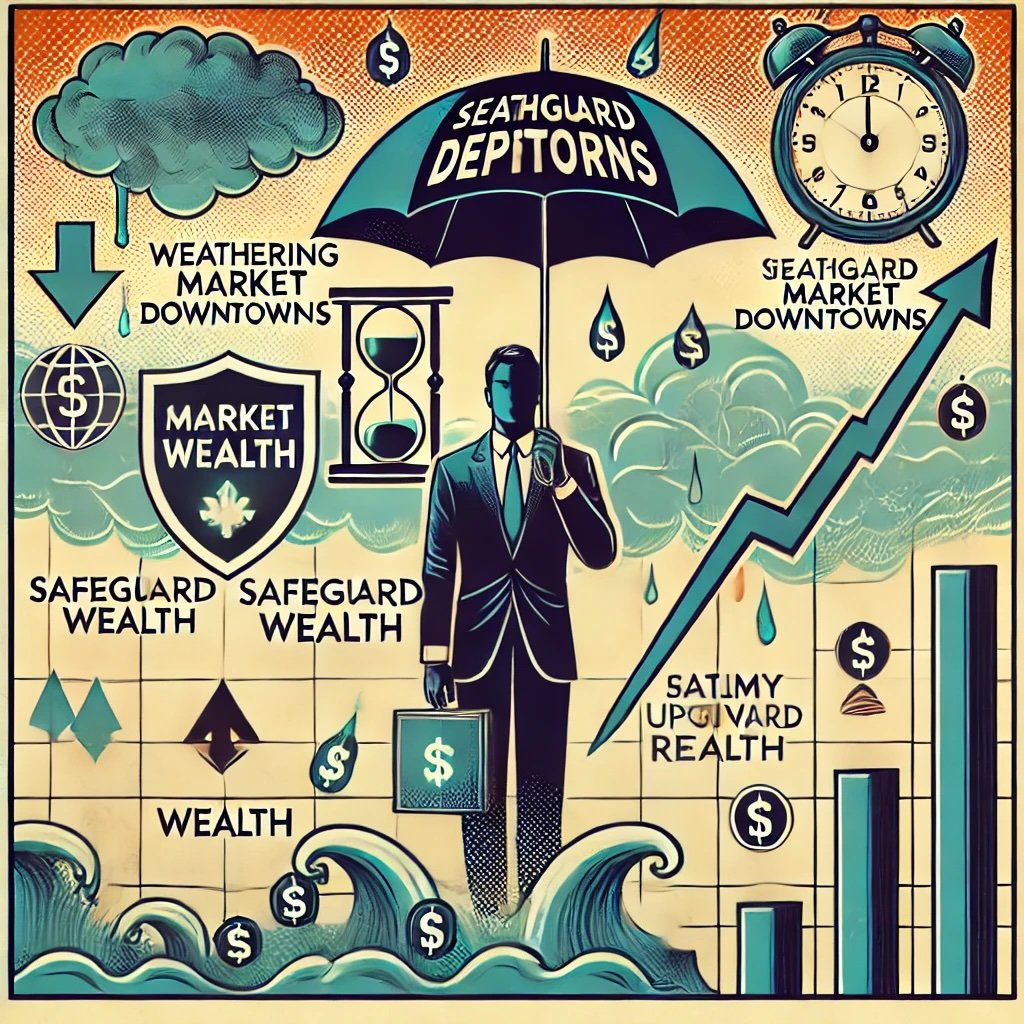 Weathering Market Downturns features a figure holding an umbrella labeled Preparation beneath a storm of falling stock icons and market graphs shield Safeguard Wealth