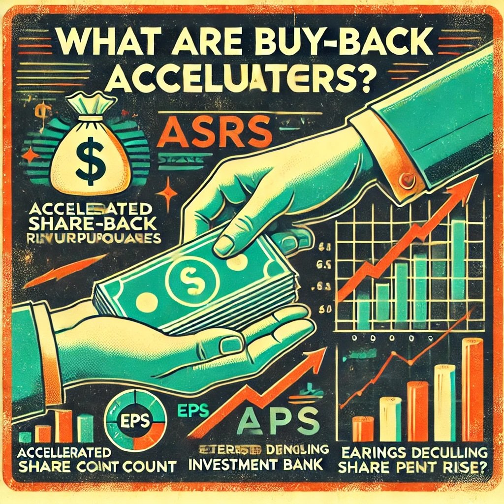 What Are Buy-Back Accelerators?" concept illustrates the process and impact of Accelerated Share Repurchases (ASRs). It showcases how companies quickly reduce share counts and boost EPS by collaborating with investment banks for immediate share buybacks. This visual emphasizes the bold and impactful nature of this financial strategy.