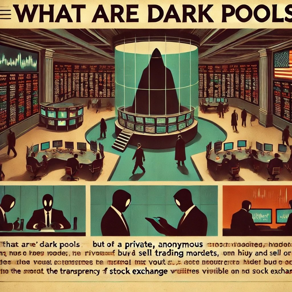 What Are Dark Pools? in financial markets highlights anonymous and private nature of trading venues where large institutional buy and sell orders are hidden until execution. The design uses a retro aesthetic with muted colors and contrasts it with the transparency of lit exchanges in the background, symbolizing the balance between secrecy and openness in modern trading. 