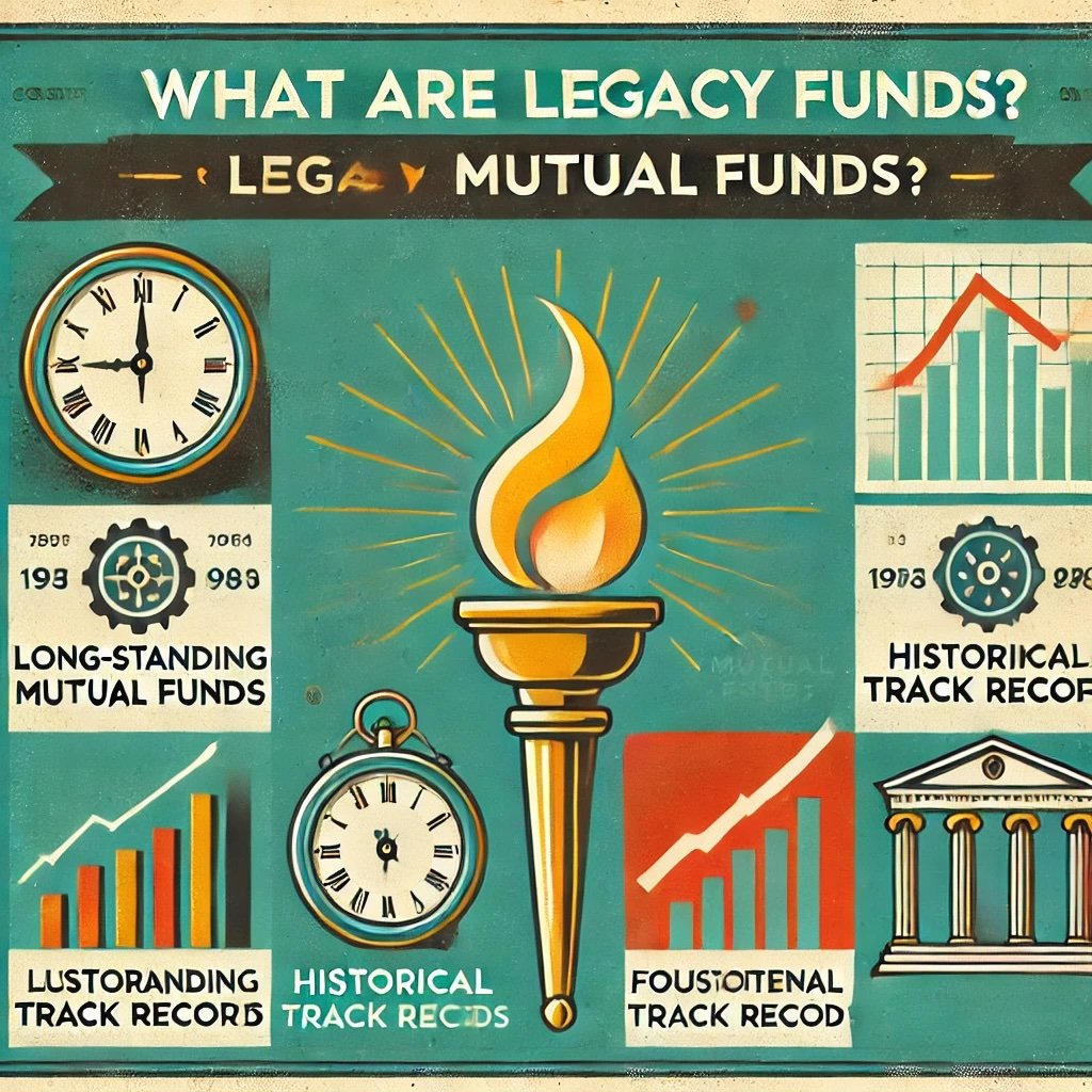 What Are Legacy Mutual Funds?" defining features of these long-standing investment vehicles emphasizes their historical track record, experienced management teams and resilience through market cycles, symbolizing their foundational role in the mutual fund industry. This visual celebrates their enduring legacy and continued relevance in the financial world.