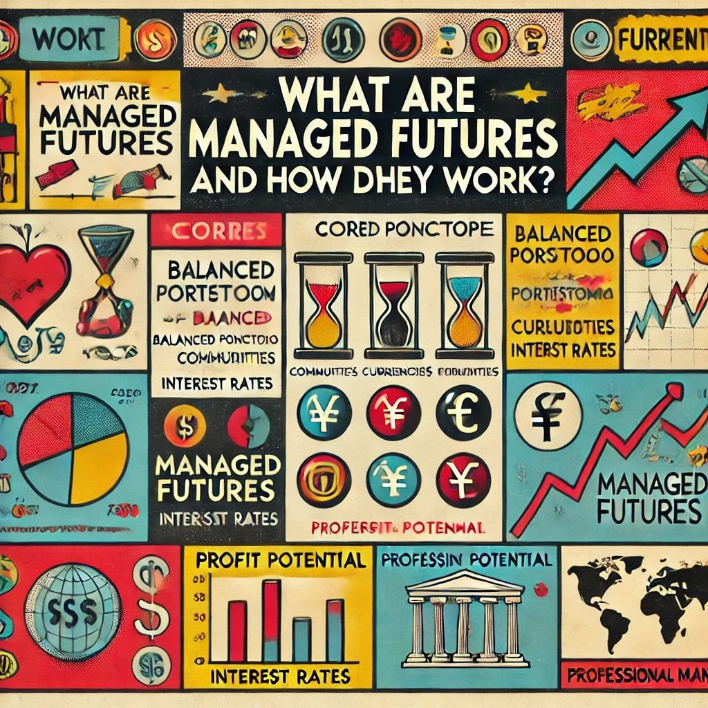 What Are Managed Futures and How Do They Work?" illustrates core concepts like diversified assets, professional management, and potential gains in rising and falling markets